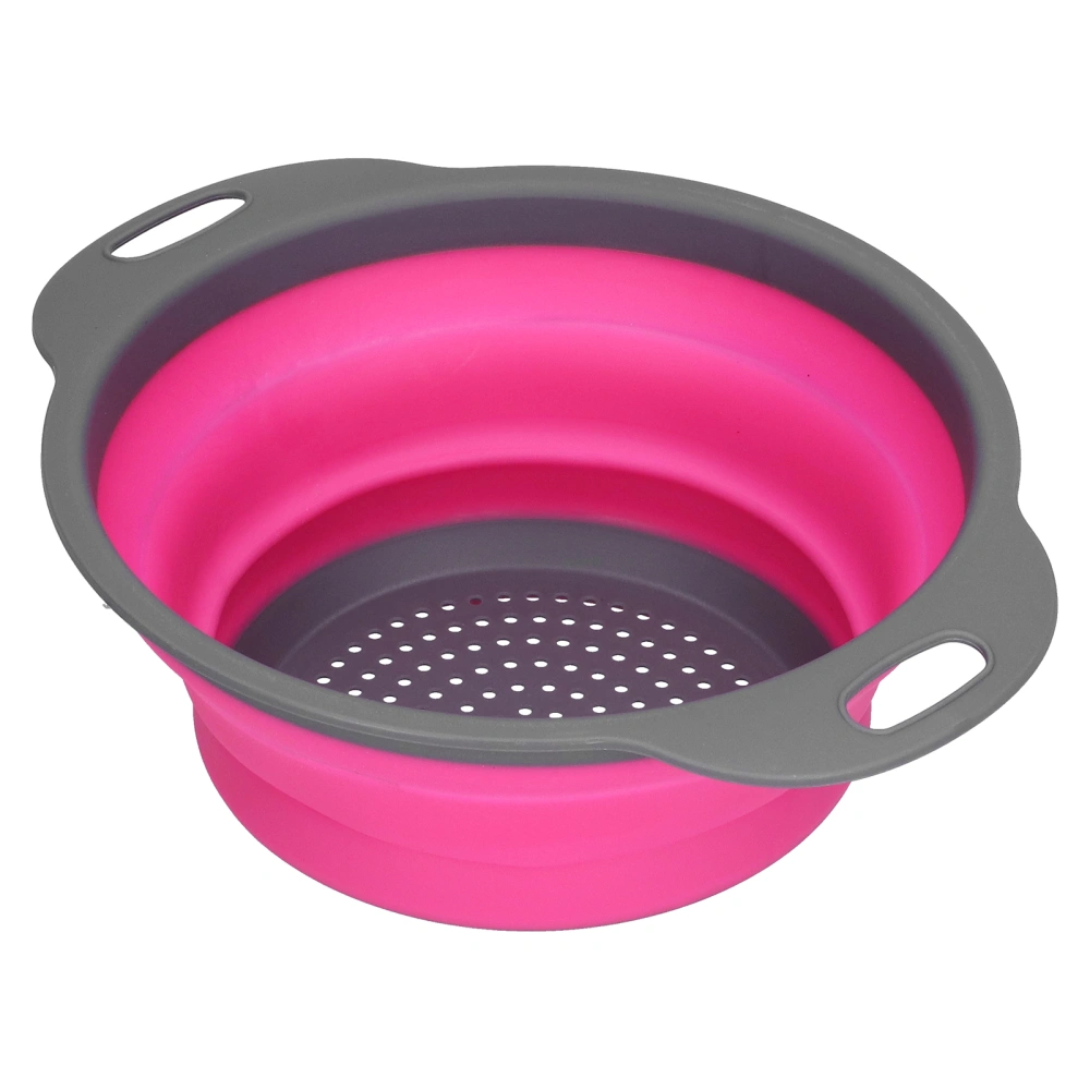 Drain Basket Silicone Round Folding Fruit Drain Vegetable Washing Basket with Handle for Home KitchenRose Red Small