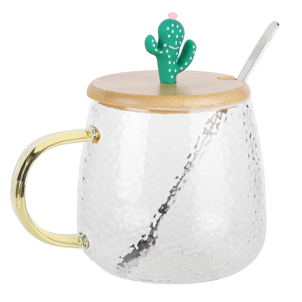 400ml Cute High Borosilicate Glass Cup HeatResistant Mug with Stainless Steel Spoon Bamboo Lid(Cactus )