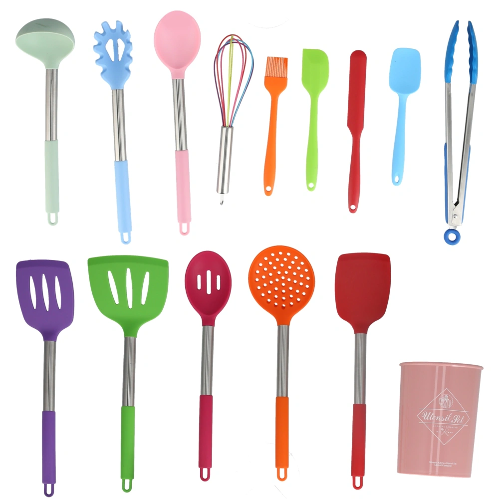 15PCs set Silicone Cooking Utensils with Stainless Steel Handle Silicone Cooking Tools Kitchen Tools Set(Pink Bucket Colorful Kitchenware )