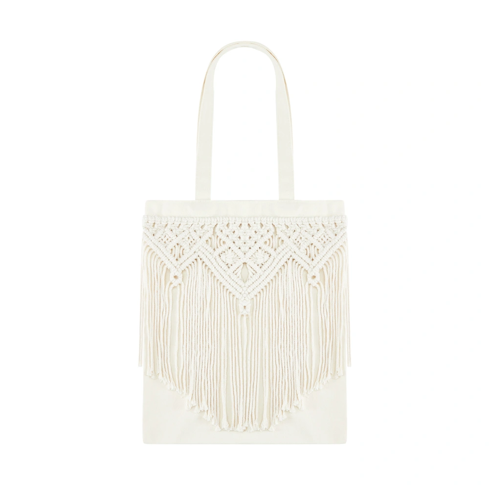 Women Shoulder Bag, Cotton Linen Tote Bag with Woven Crochet Tassels