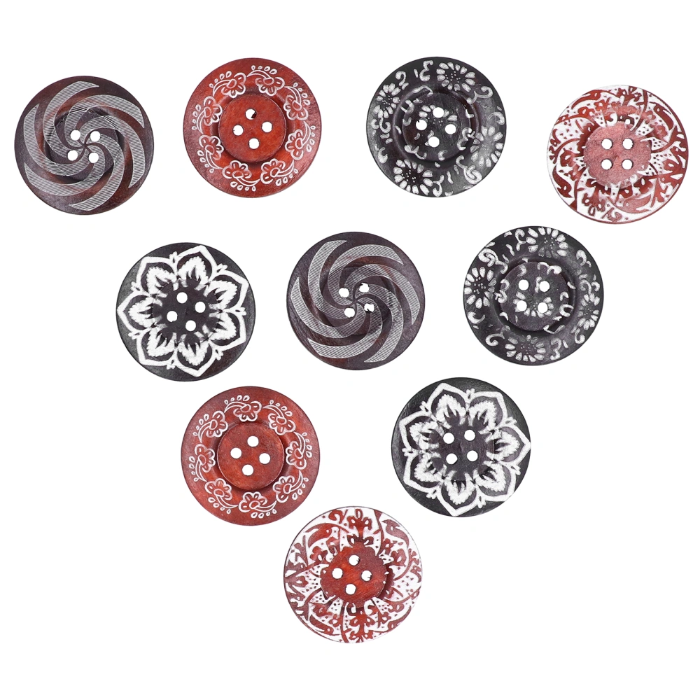 10Pcs Round Buttons Mixed Pattern Carving 4‑Holes Button DIY Art Crafts Supplies