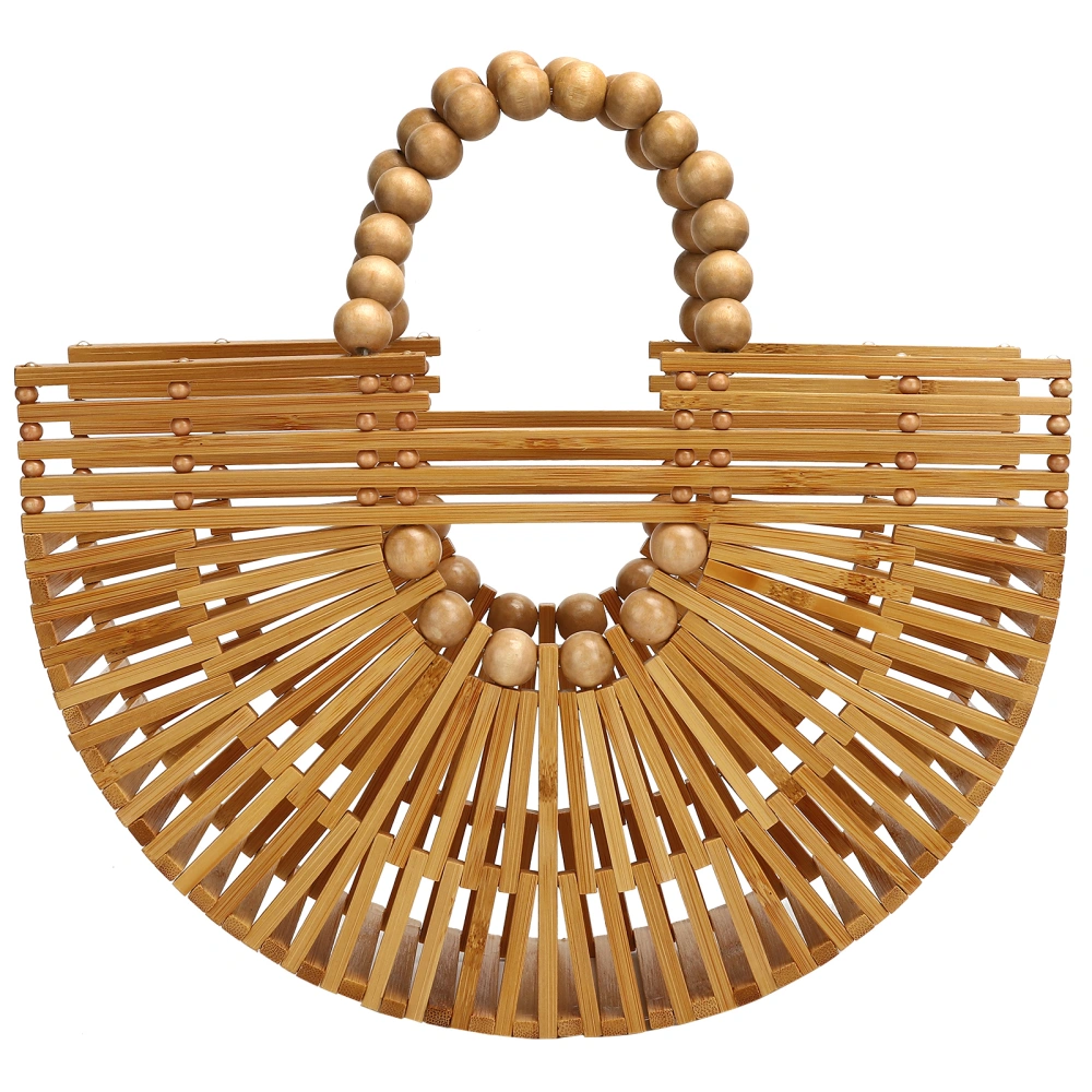 Bamboo Woven Bag Semicircular Handbag Hollow Beach Tote with Wooden Beads for Outdoor