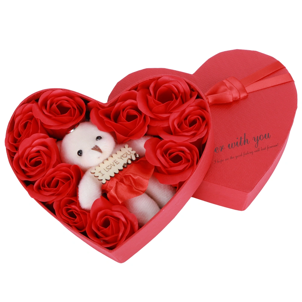 Artificial Rose Flower with Bears Gift Box Soap Flowers for Birthday Valentine's DayRed