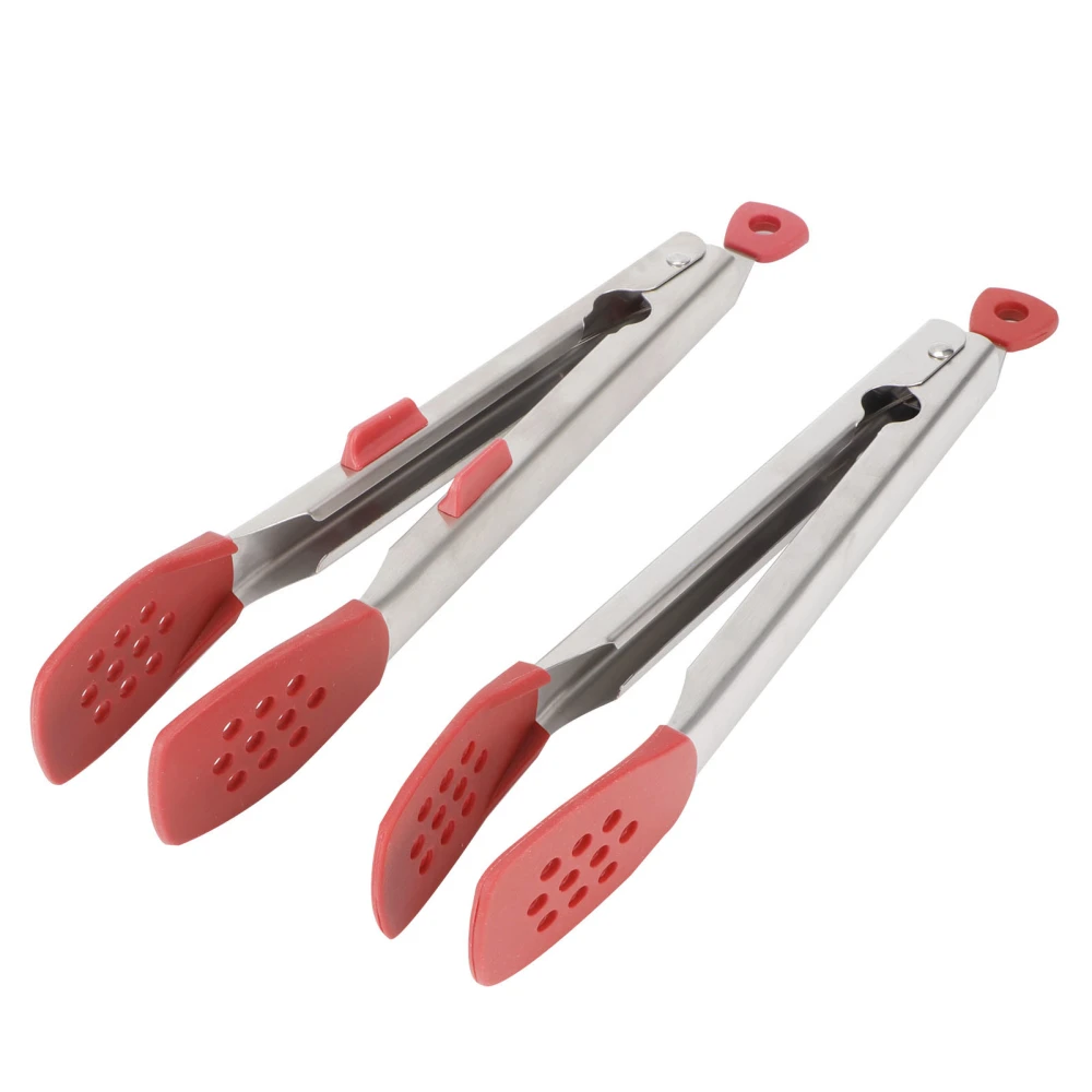 2pcs Food Tong Stainless Steel Steak Clip Silicone Salad Barbecue Stencils Kitchen ToolRed