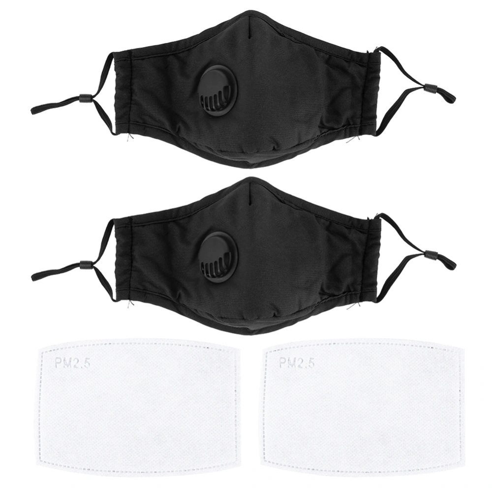 2Pcs Ear Hanging Unisex Adult Mouth Cover PM2.5 Breathing Valve Mouth-Muffle with Filter PadBlack