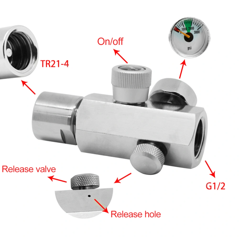 CGA320 Soda Adapter Valve with 3000psi Gauge Female TR21-4 Silver Connector for SodaStream