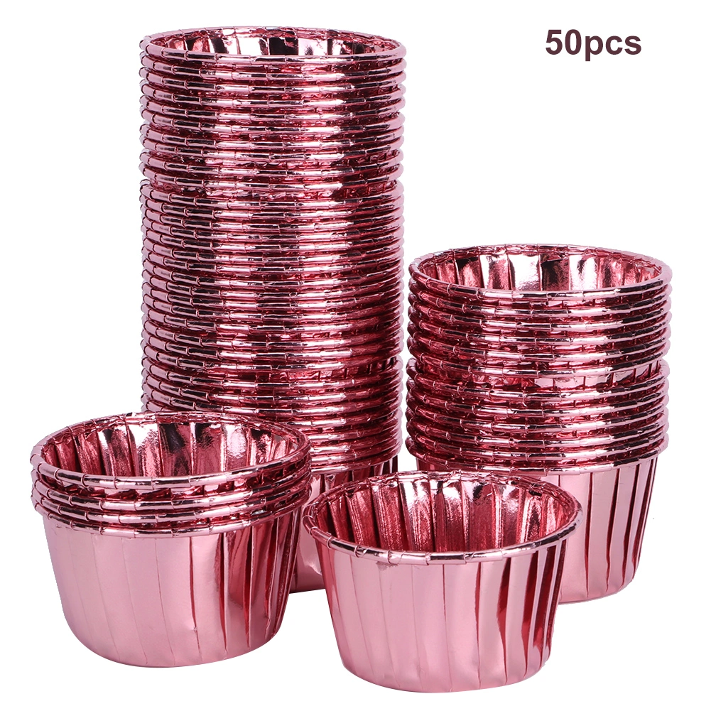50Pcs Double-Sided Curled Paper Cup Heat Resistant Pastry Baking Cake Cups for Muffin Cake(Rose Gold )