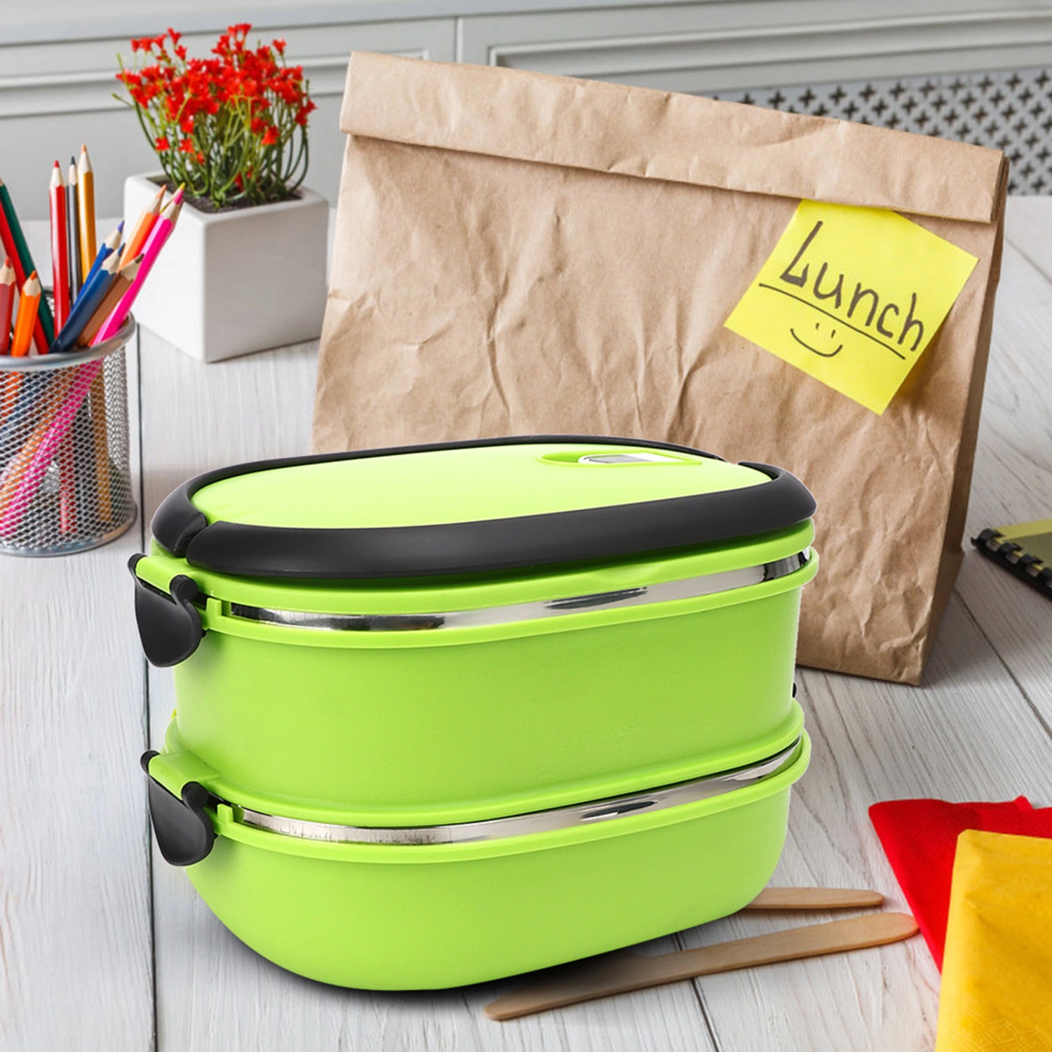 Portable Insulation Thermo Thermal Stainless Steel Lunch Box Food Container for Outdoor PicnicDouble Layer