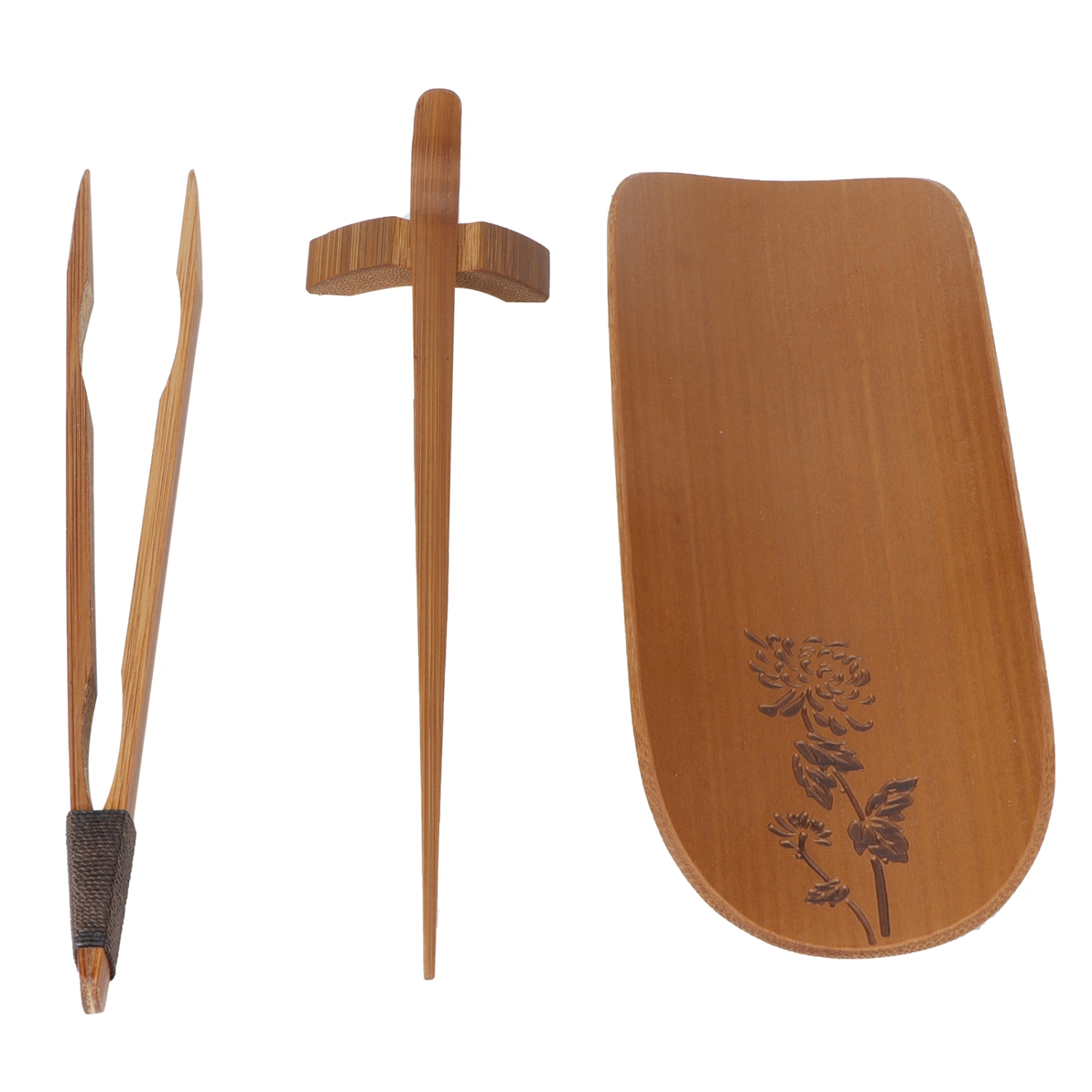 4Pcs set Tea Scoop Set Bamboo Hand Made Carving Tea Accessories Tearoom Ceremony Tools(Chrysanthemum )