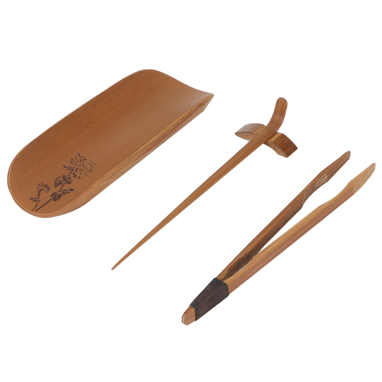 4Pcs set Tea Scoop Set Bamboo Hand Made Carving Tea Accessories Tearoom Ceremony Tools(Chrysanthemum )