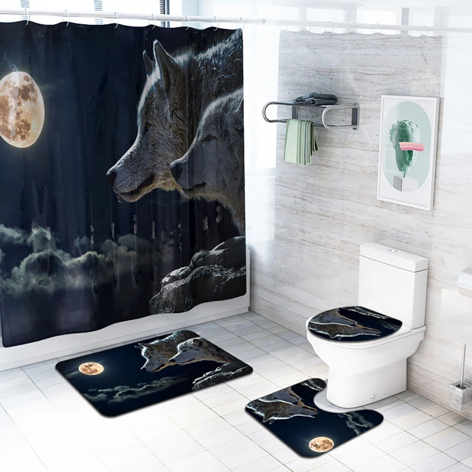 3PCS Night Theme Shower Waterproof Non Slip Bathroom Mat Rug Toilet Lid Cover Set