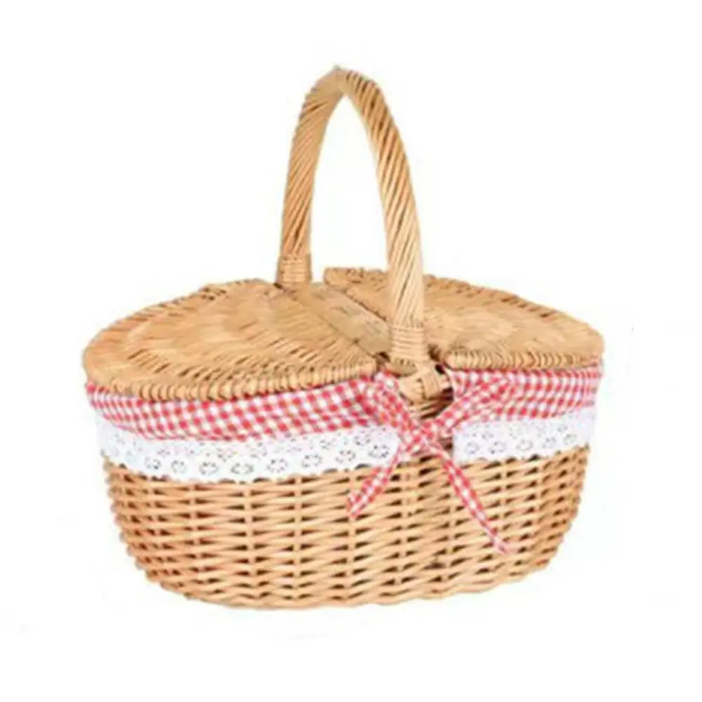 Country Style Wicker Picnic Basket Camping Basket with Lid Handle and Liners for Picnics Party Barbecue