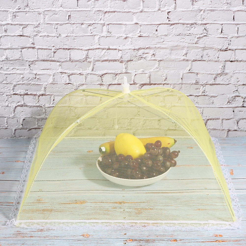 2Pcs Household Mesh Food Cover Tent Washable Folding Food Umbrella Kitchen Tool Yellow 43x43cm