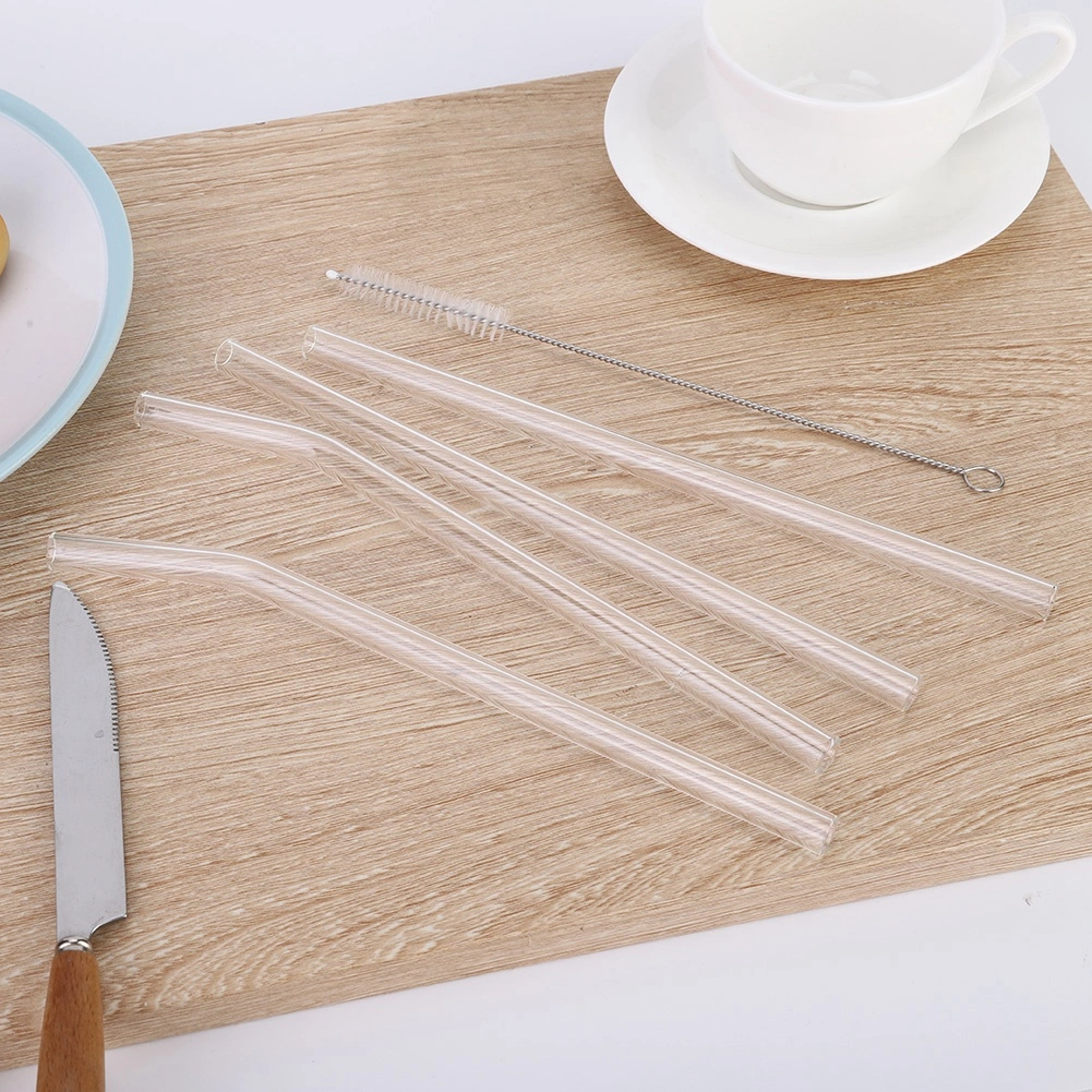 Portable Reusable Transparent Heat Resistance Drinking Glass Straw with Cleaning Brush Set