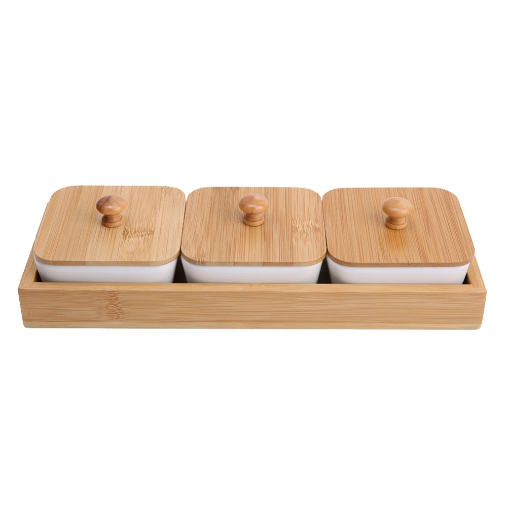 Ceramic Appetizer Serving Plate with Bamboo Tray Cover for Fruits Nuts Desserts (3-Compartment)