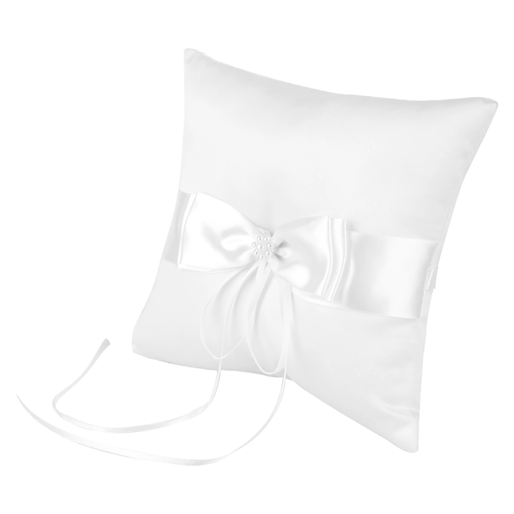 White Satin Bowknot Ring Bearer Pillow Holder Wedding Ring Pillow with Simulation Pearl 20*20cm