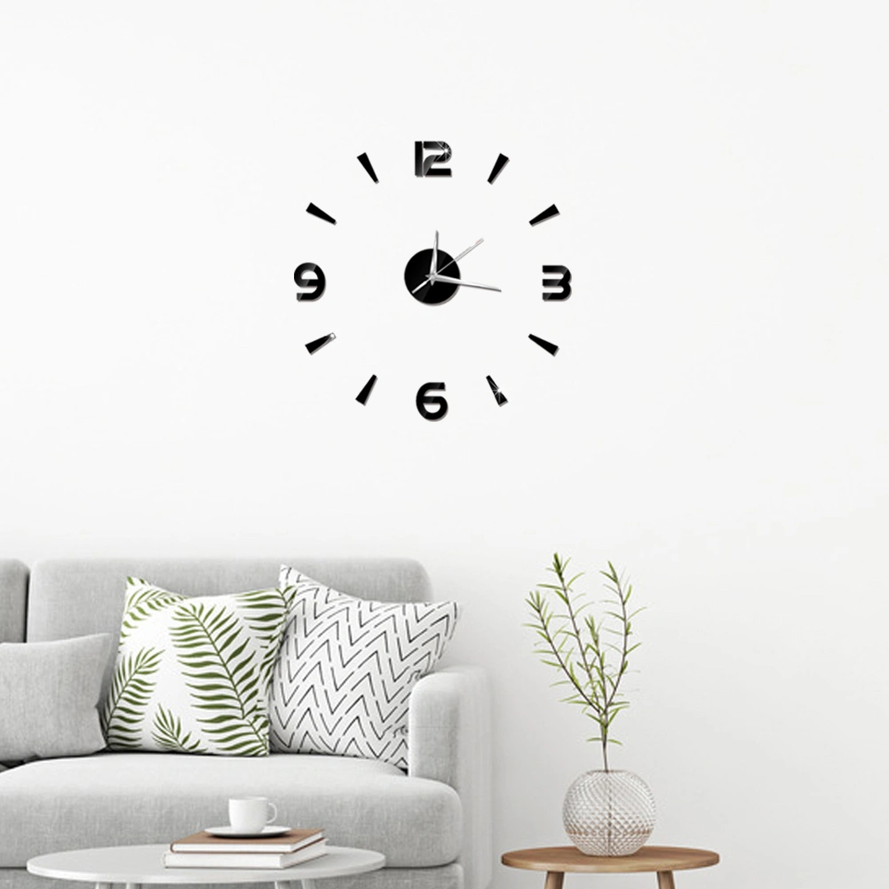 Wall Clock Sticker 1mm Acrylic Mirror Watch Decor DIY Wall Modern Home Office Room Decor (Black)