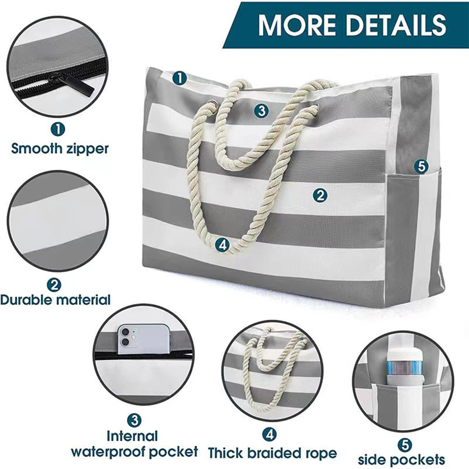 Extra Large Waterproof Beach Bag with Side Pockets for Beach Holiday