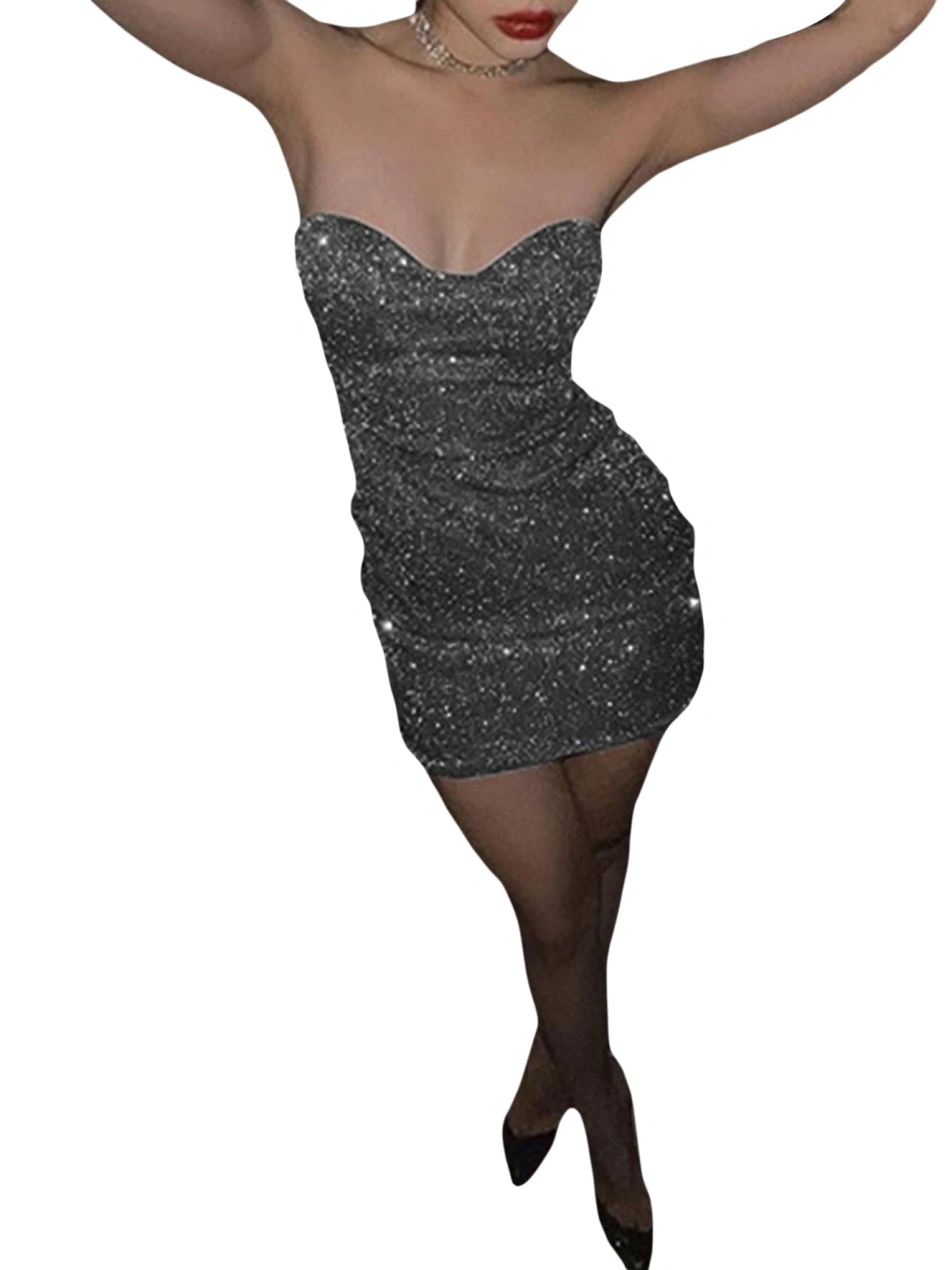 Women Ruched Tube Dress, Sparkle Glitter Strapless Short Bodycon Dress