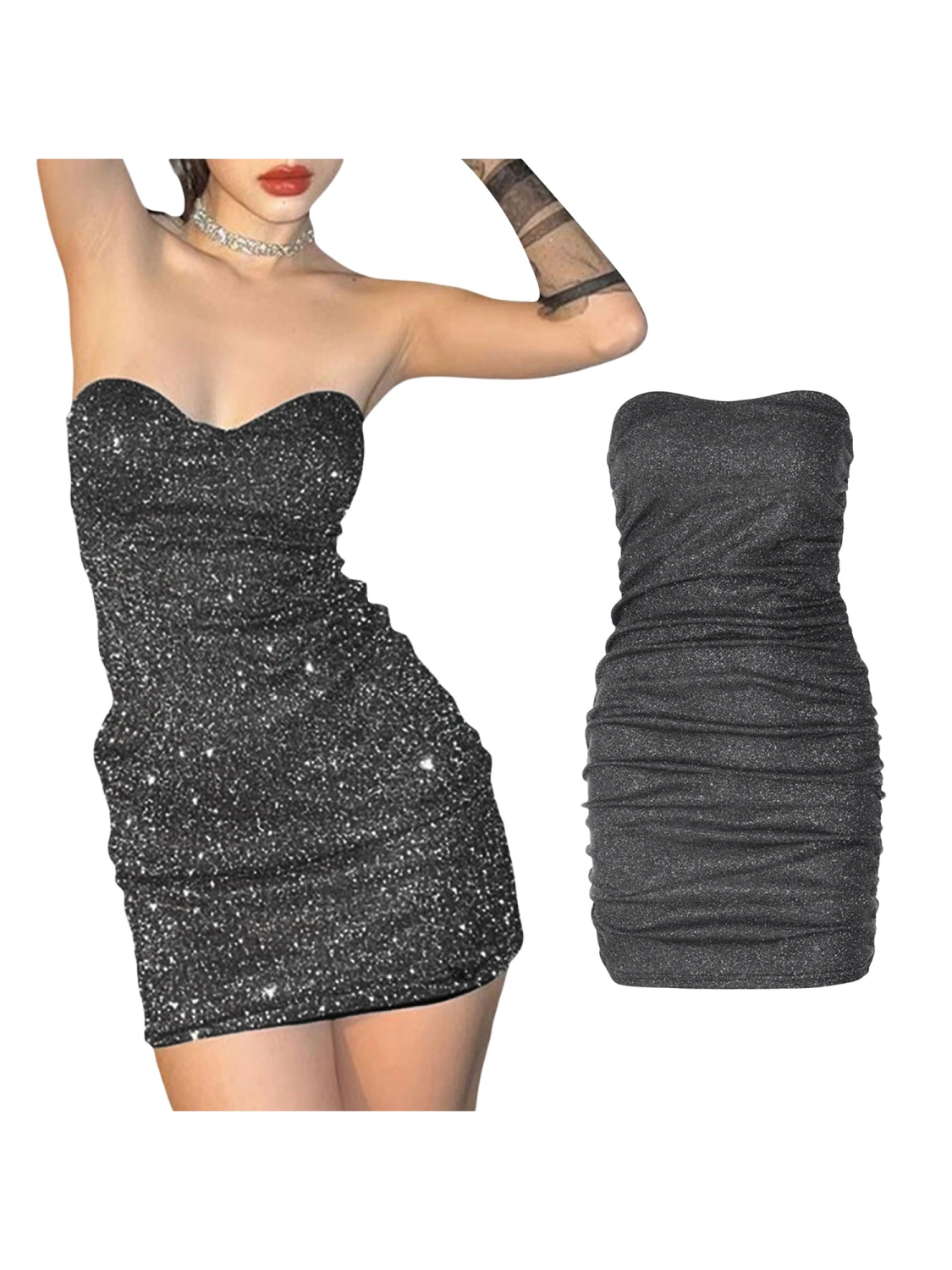 Women Ruched Tube Dress, Sparkle Glitter Strapless Short Bodycon Dress