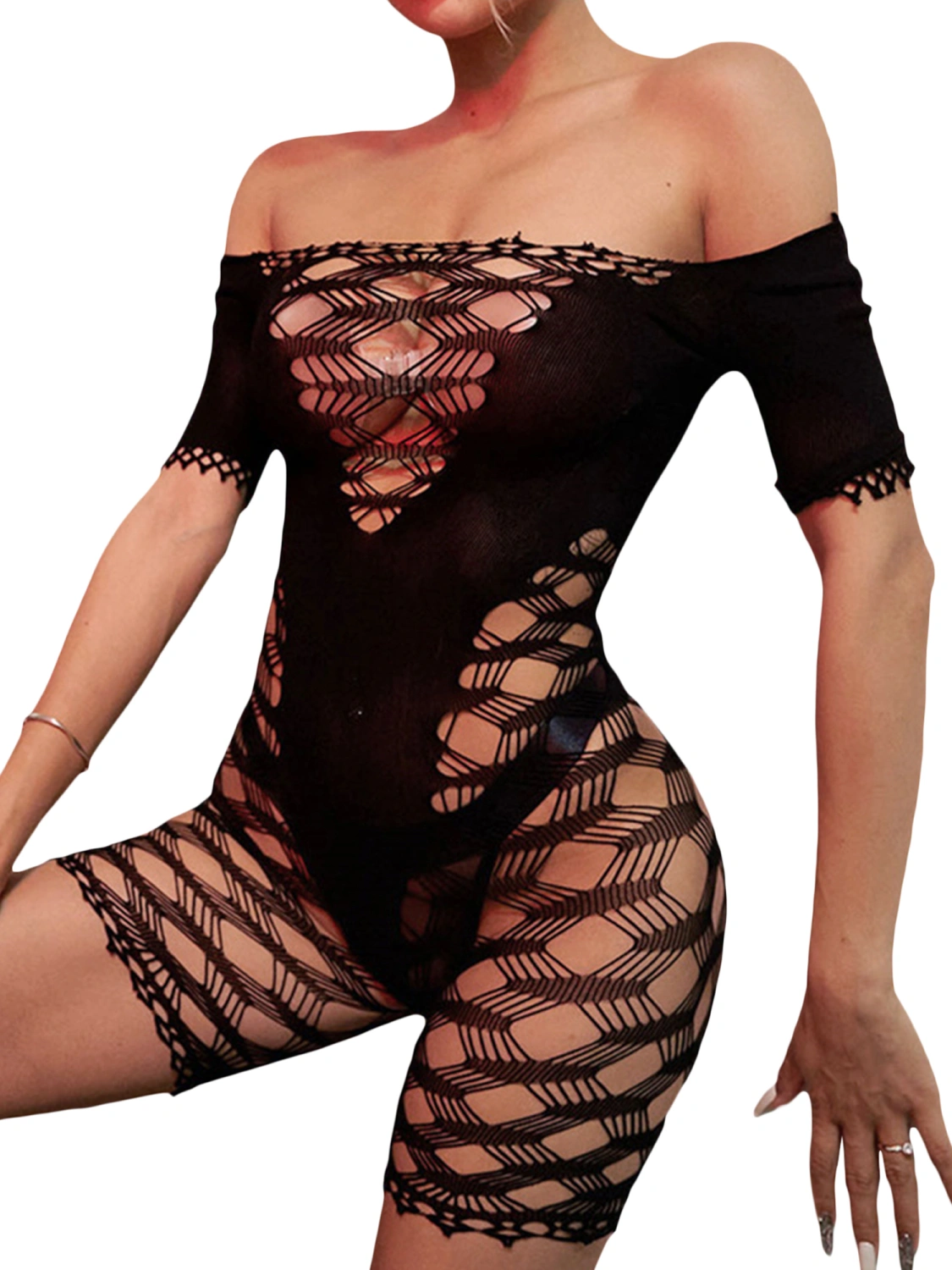 Women Summer Fishnet Playsuits Hollow-Out Short Bodycon Jumpsuits