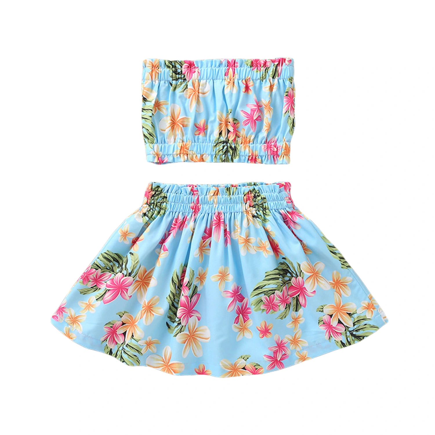 Girl’s Summer Plant Printing Tube Tops and A-line Short Skirt