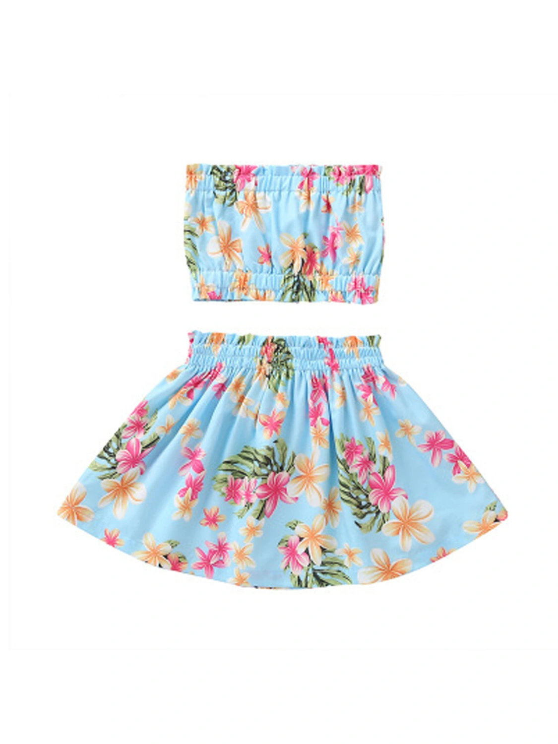 Girl’s Summer Plant Printing Tube Tops and A-line Short Skirt