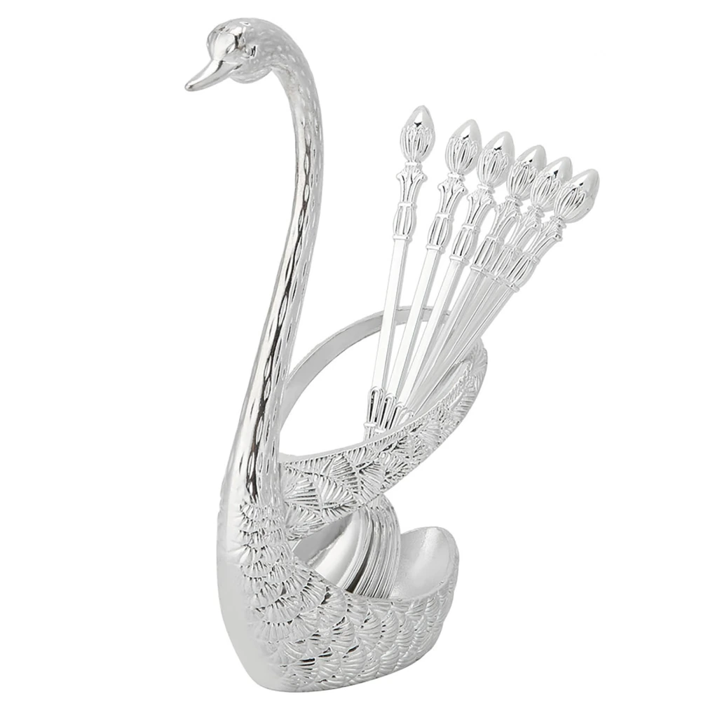 Stainless Steel Spoon Tableware Kit with Zinc Alloy Swan Shape Holder Storage OrganizerSilver