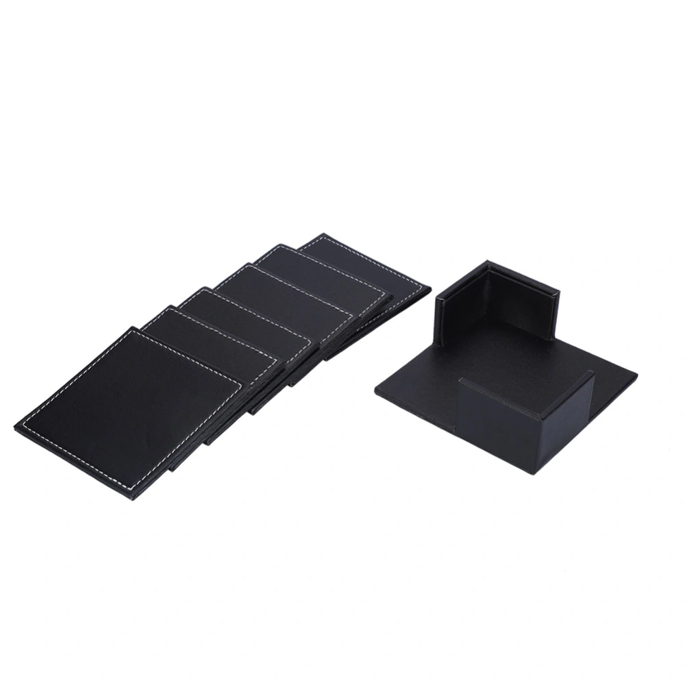 PU Leather Drink Coasters with Holder Set of 6 Coasters for Table Protection Black Square