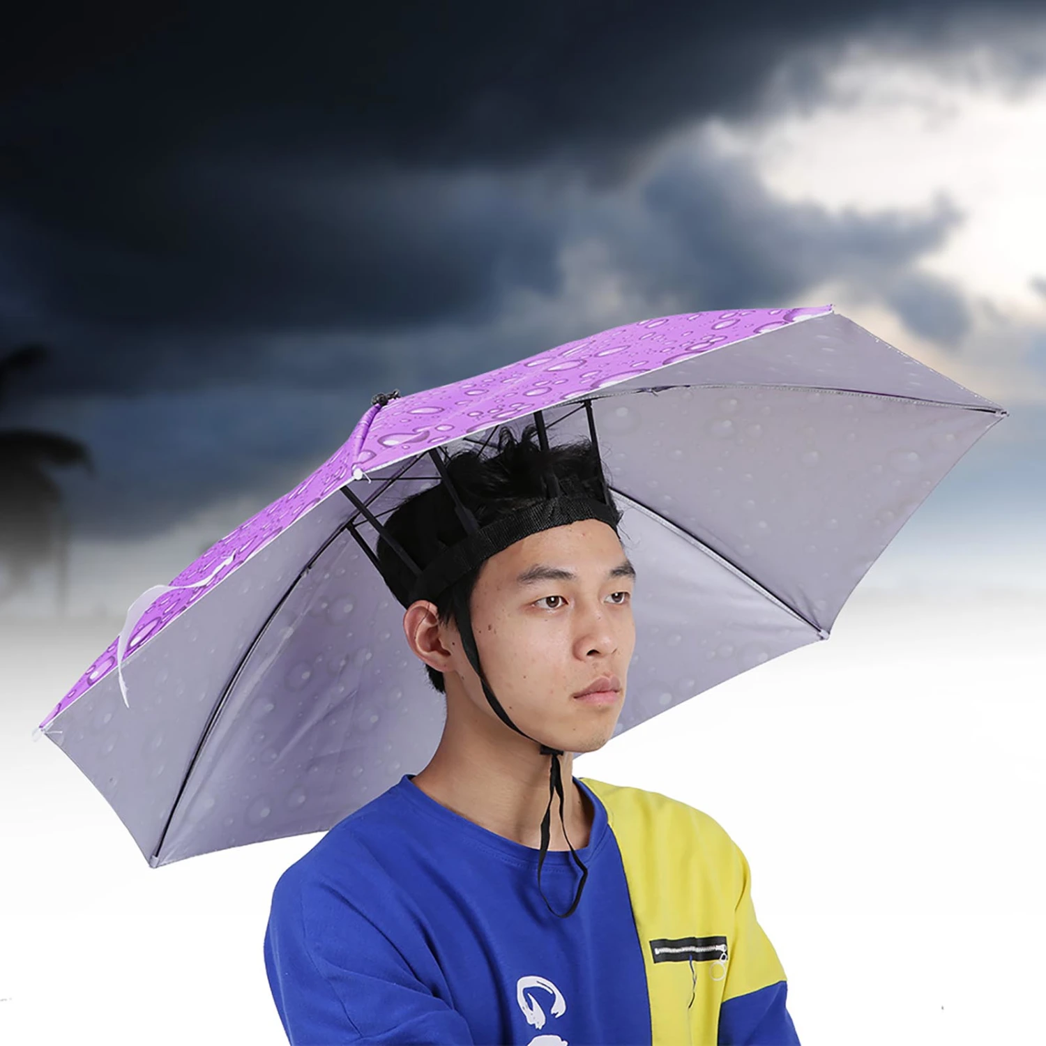 77cm Sunscreen Windproof Head Mounted Umbrella Top Folding Hat Umbrella(Raindrop Purple)