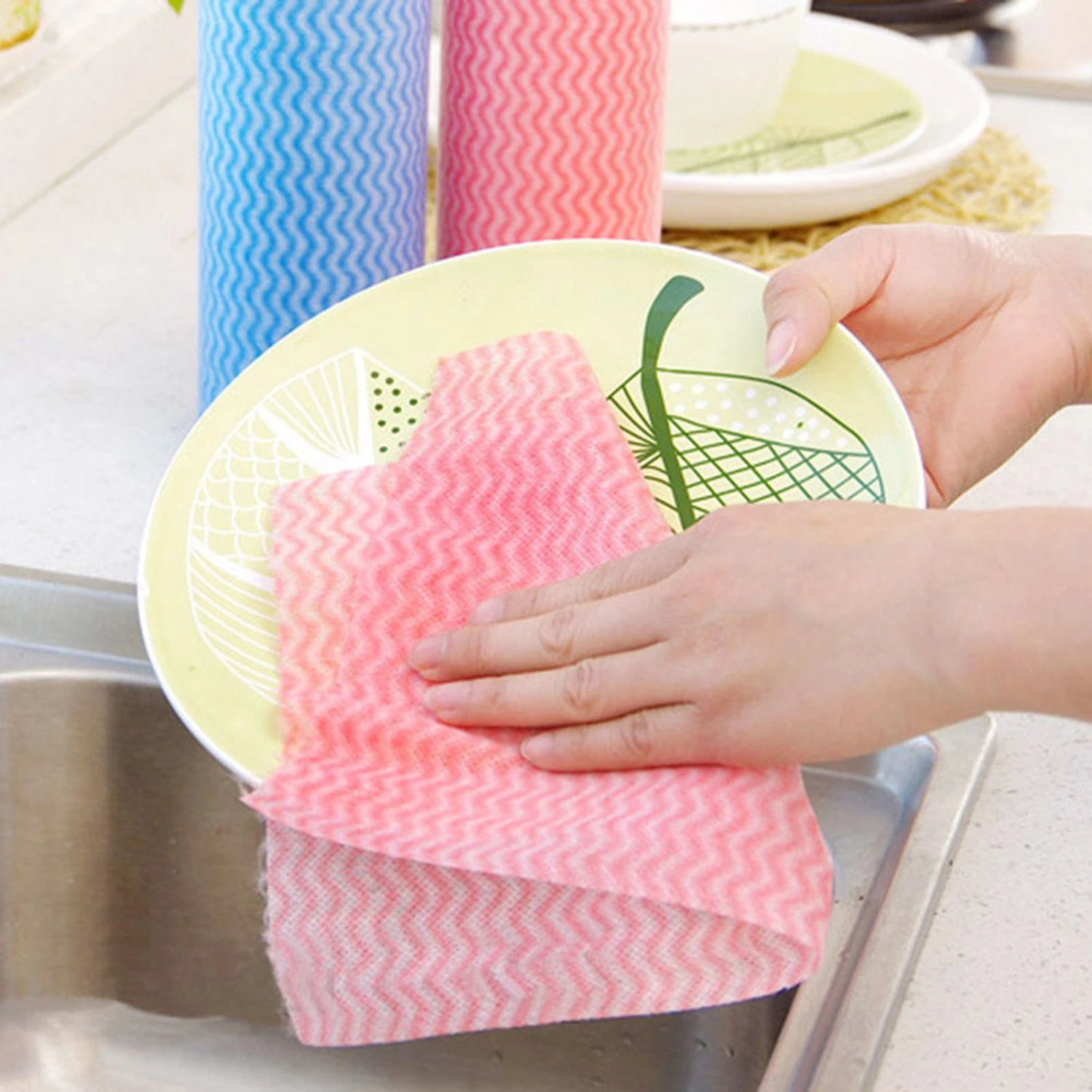 80pcs Disposable Non stick Oil Non woven Fabric Duster Dish Cloth Hand Towel Kitchen (Pink)