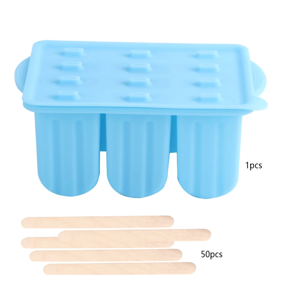 12-Grids Food Grade Silicone Ice Cream Mold Maker Making Tool with Cover and Ice Cream SticksBlue