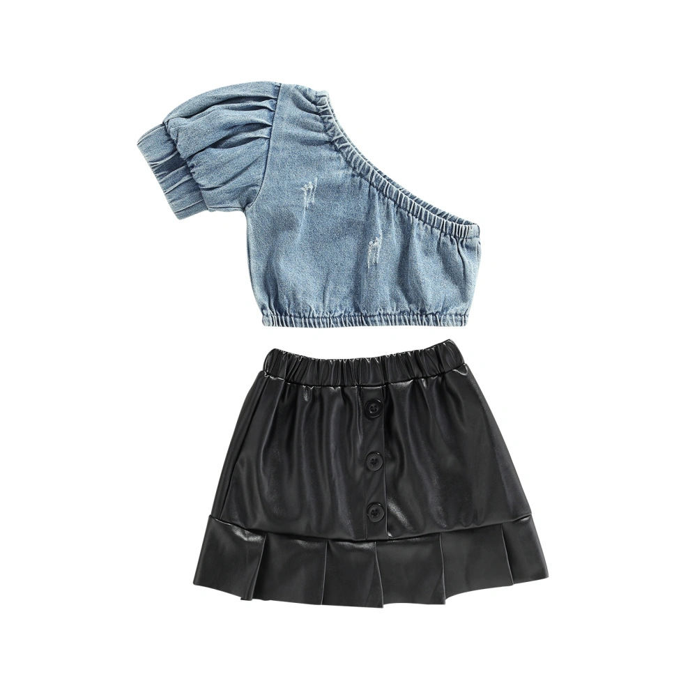 Girls Solid Color Clothes Set, Off-shoulder Cropped Tops+Short Skirt