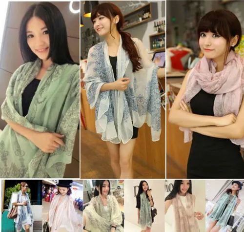 Women's Long Scarf Vintage Printing Elegant Crinkle Wrap Shawl