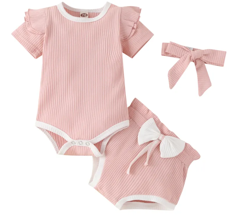 Baby Girls Ribbed Clothes Set, Romper with Ruffles+Shorts+Headband