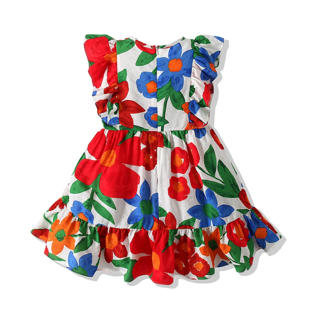 Girl’s Summer Flower Ruffles Round Neck Fly Sleeve A-line Dress