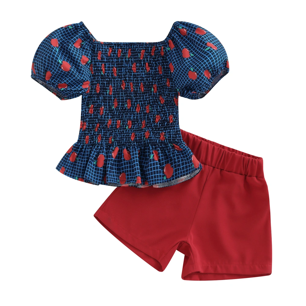 Kids Girls 2-Piece Outfit Casual Apple T-Shirt and Elastic Shorts Set 