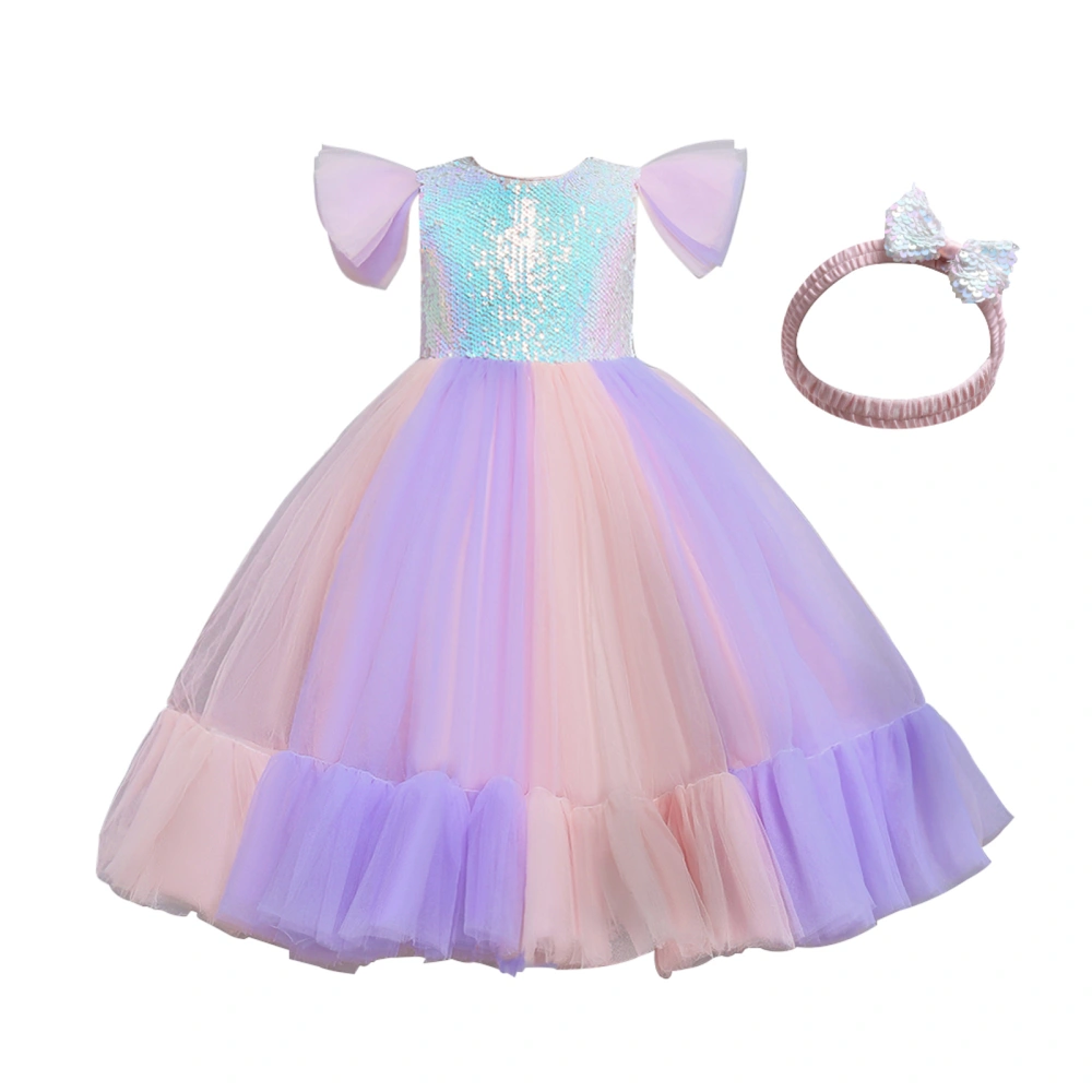 Little Girls Outfit, Mesh Splicing Fly Sleeve Princess Dress, Headwear