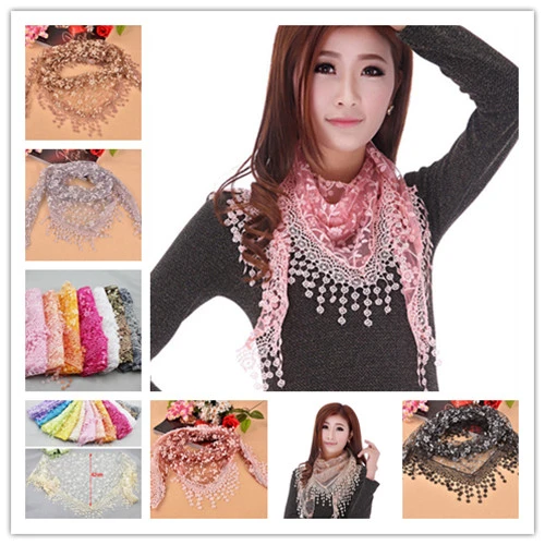 Women Soft Voile Scarf Floral Lace Tassel Sheer Triangle Shawl