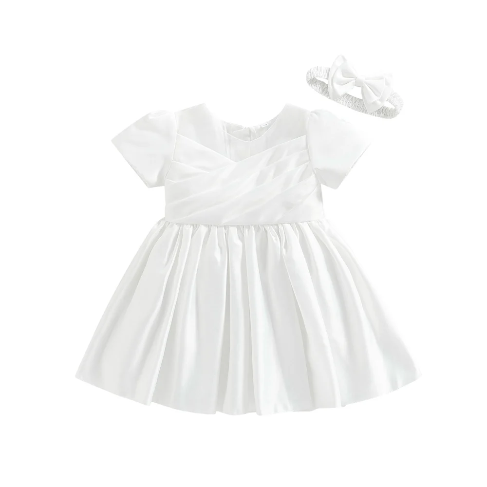 Girl’s Solid Color Satin Large Bow Princess Dress with Headband