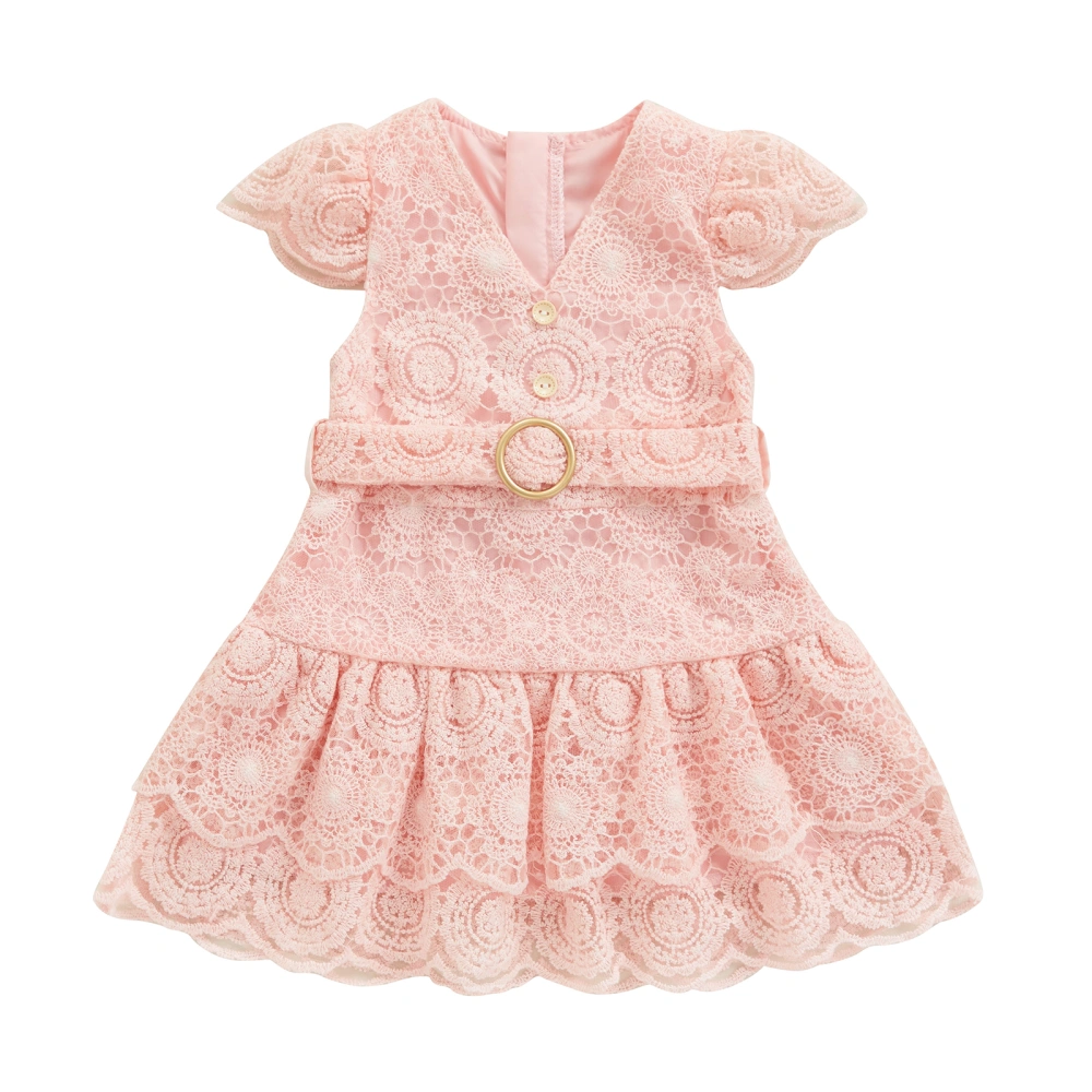 Kids Girls Dress Lace Hollow-Out V-Neck Fly Sleeve Dress with Belt