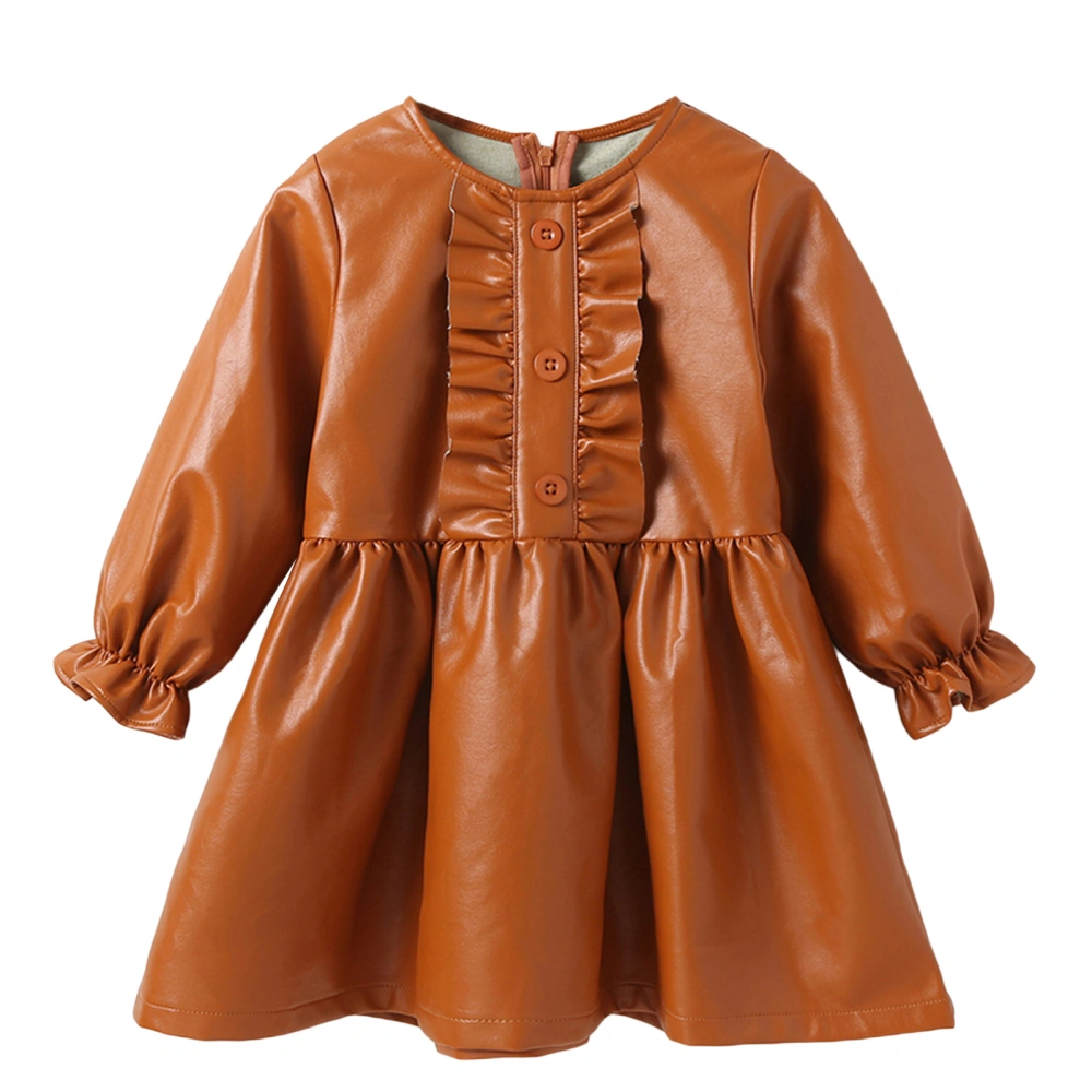 Girls PU Leather Dress Solid Color Round Neck Long Sleeve Dress