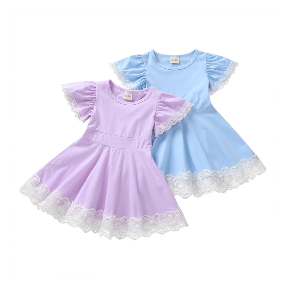 Kids Lace Hem Round Neck Short Sleeve One-Piece Princess Dress