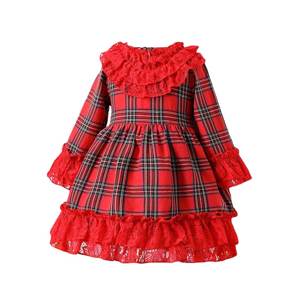 Christmas Kid Girl Plaid Dress Lace Patchwork Long Sleeves Party Dress