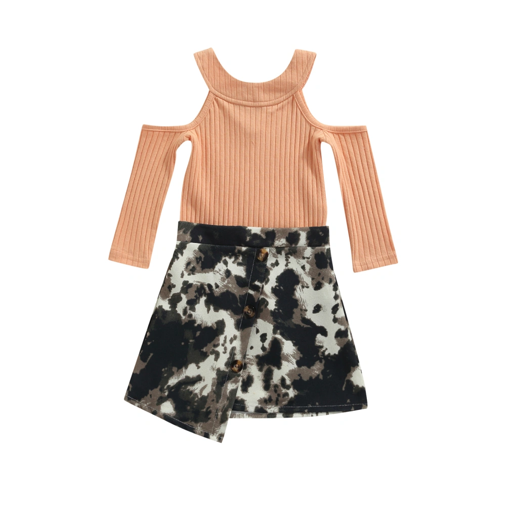 Kids Solid Color O-Neck Long Sleeve Off Shoulder Tops+ Tie-Dyed Skirt