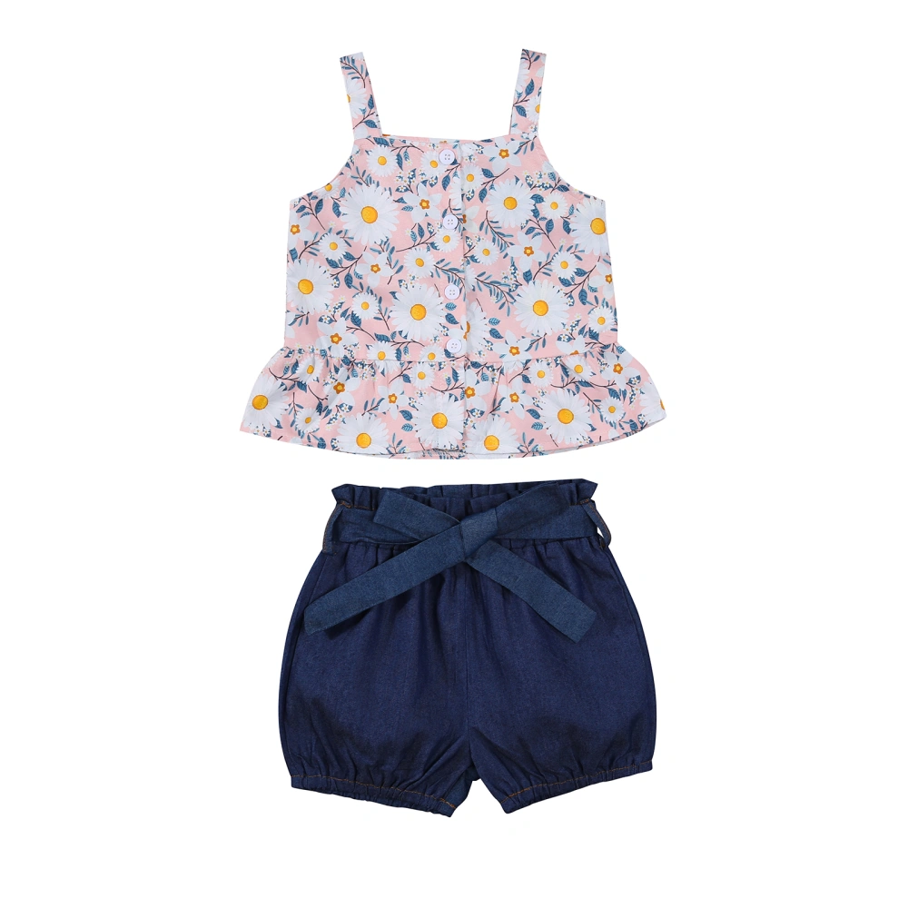 Girls Floral Print Clothes Set, Square Collar Sling Tops+Shorts Jeans