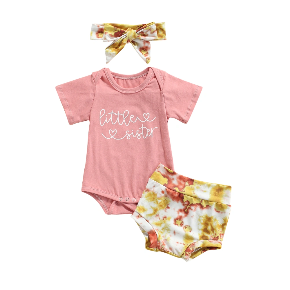 Letter Print O-Neck Short Sleeve Romper+ Tie-Dyed Shorts+ Headband