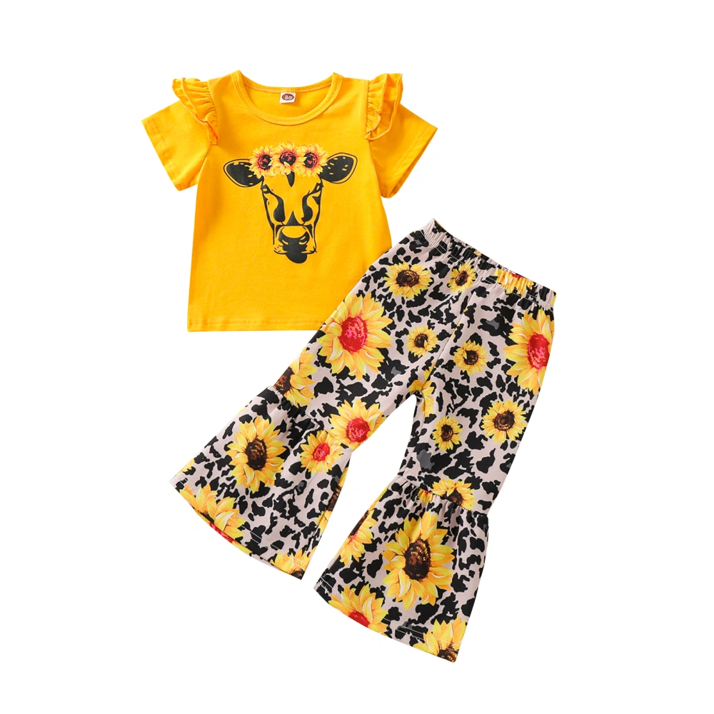 Kids Flower Print Round Neck Short Sleeve Pullover+ Flared Trousers