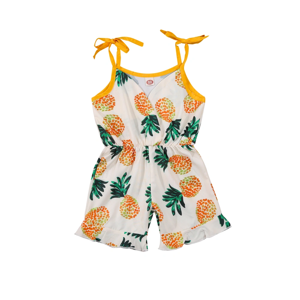 Girl Pineapple Print Short Romper, V-neck Elastic Waist Sling Jumpsuit