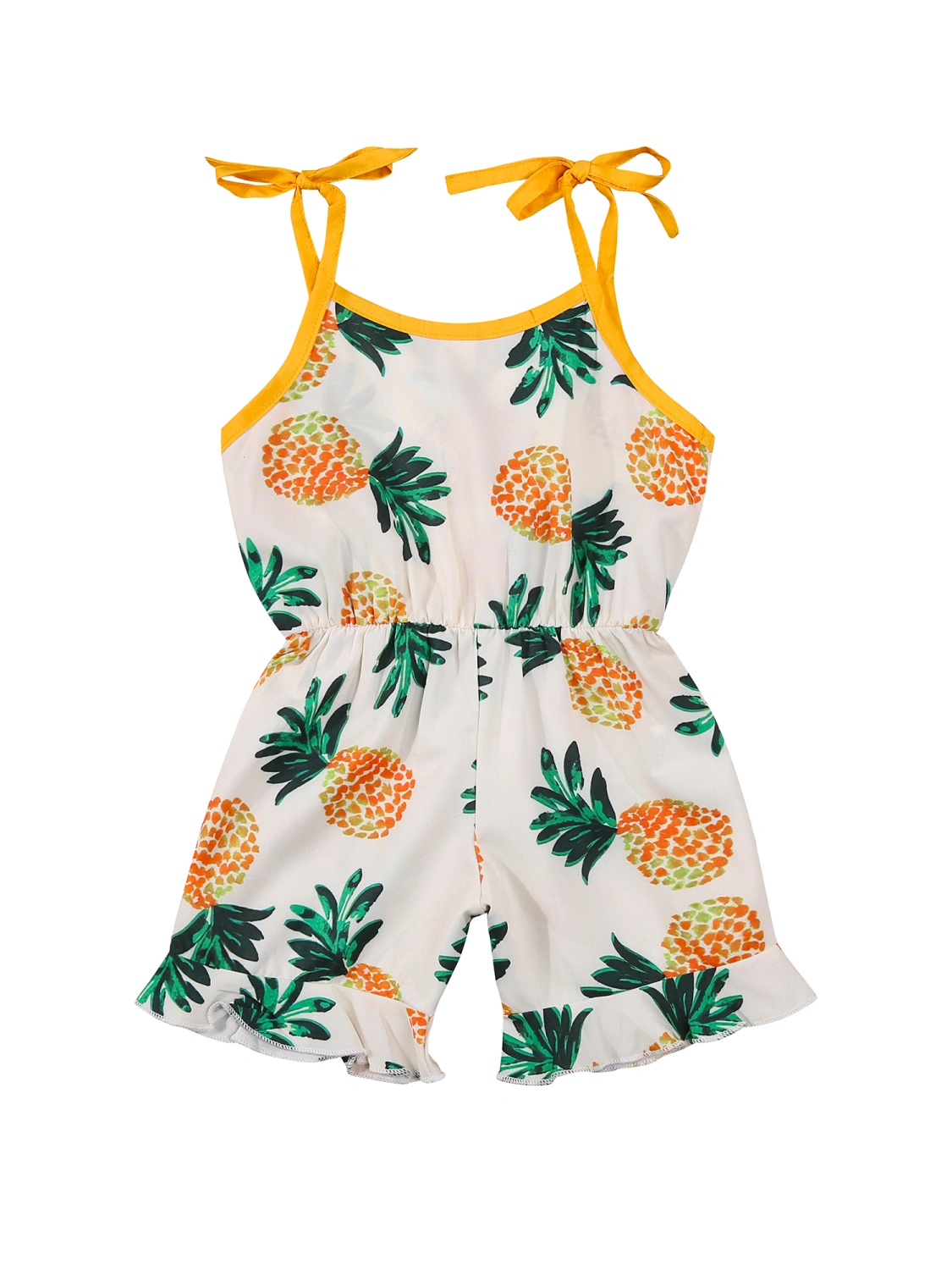 Girl Pineapple Print Short Romper, V-neck Elastic Waist Sling Jumpsuit